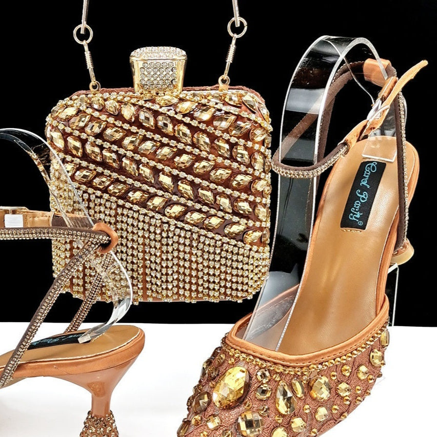 Large Rhinestone High Heel Sandals Three-dimensional Tassel Handbag Set - globaltradeleader