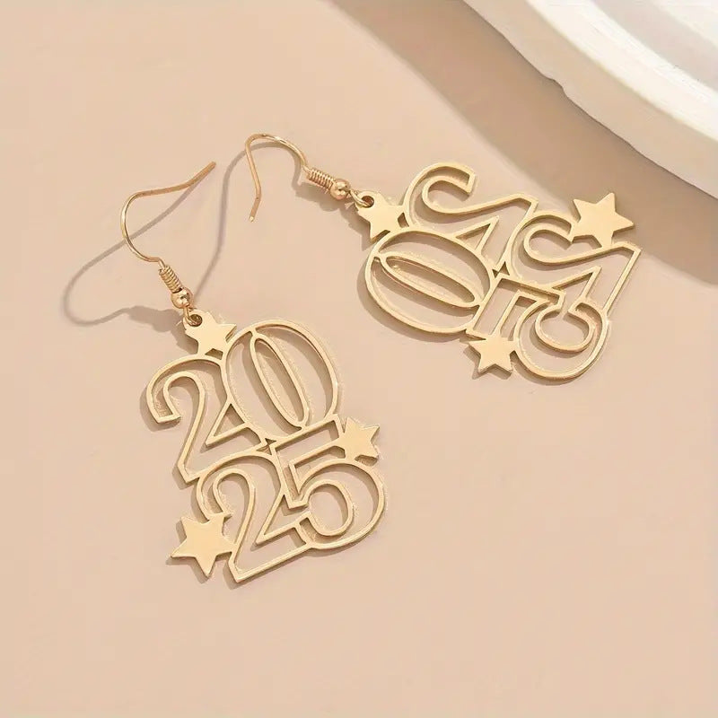 New Creative Gloden Number 2025 Dangle Earrings For Women Fashion Jewelry New Year Earring For Party - globaltradeleader