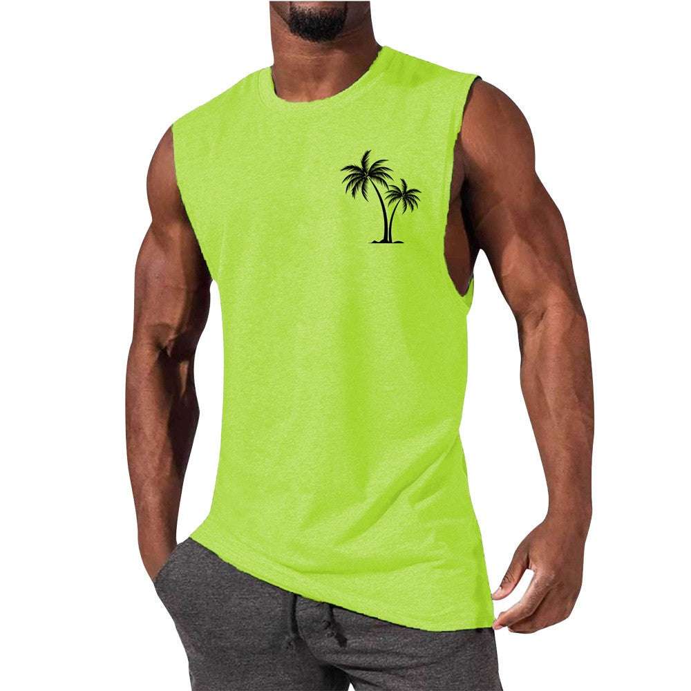 Coconut Tree Embroidery Vest Summer Beach Tank Tops Workout Muscle Men Sports Fitness T-shirt - globaltradeleader