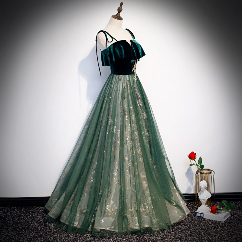 Banquet Sling Temperament Long Dress Dark Green Fantasy Mori