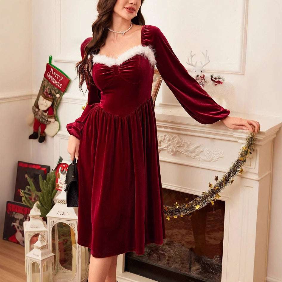 Women's Vintage Christmas Party Long Sleeve Red Dress - globaltradeleader