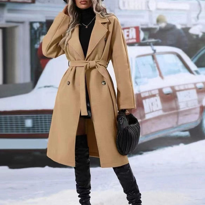 Lapel Double-breasted Trench Coat With Belt Winter Fashion Solid Color Long Jacket Outwear Women Clothing - globaltradeleader