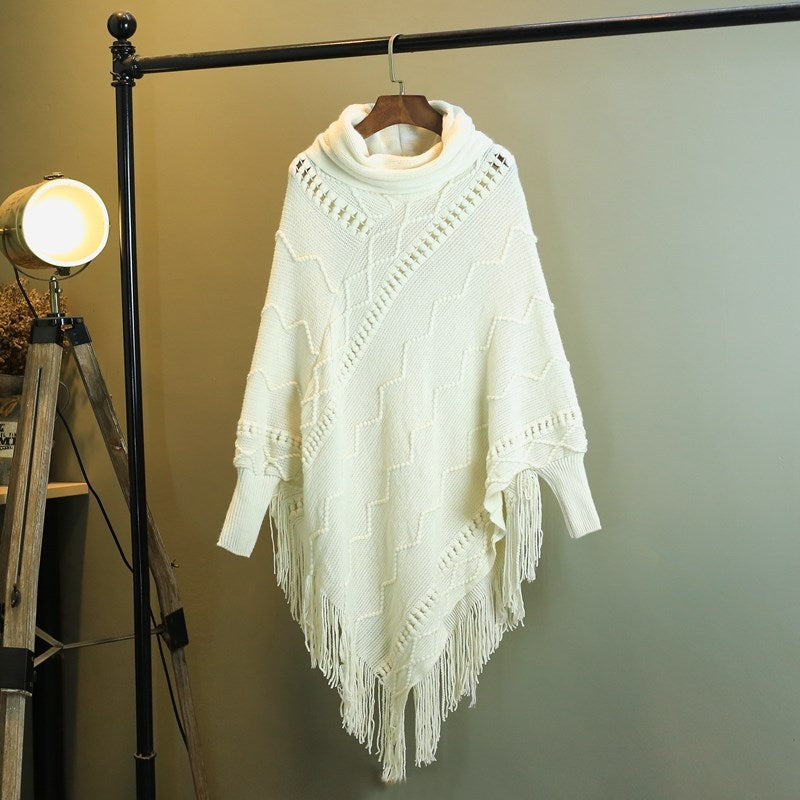 Autumn And Winter New Tassel Knitwear Shawl High Collar Warm Batwing Sleeve Pullover