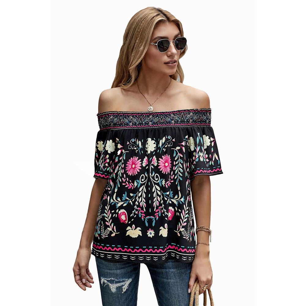 Women's Printed T-shirt Loose Off Shoulder Top - globaltradeleader