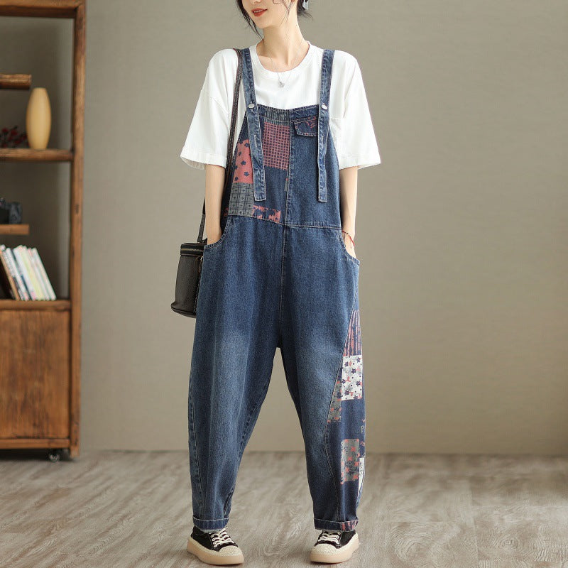 New Real Time Shooting Denim Print Spliced Nine Split Strap Pants For Women