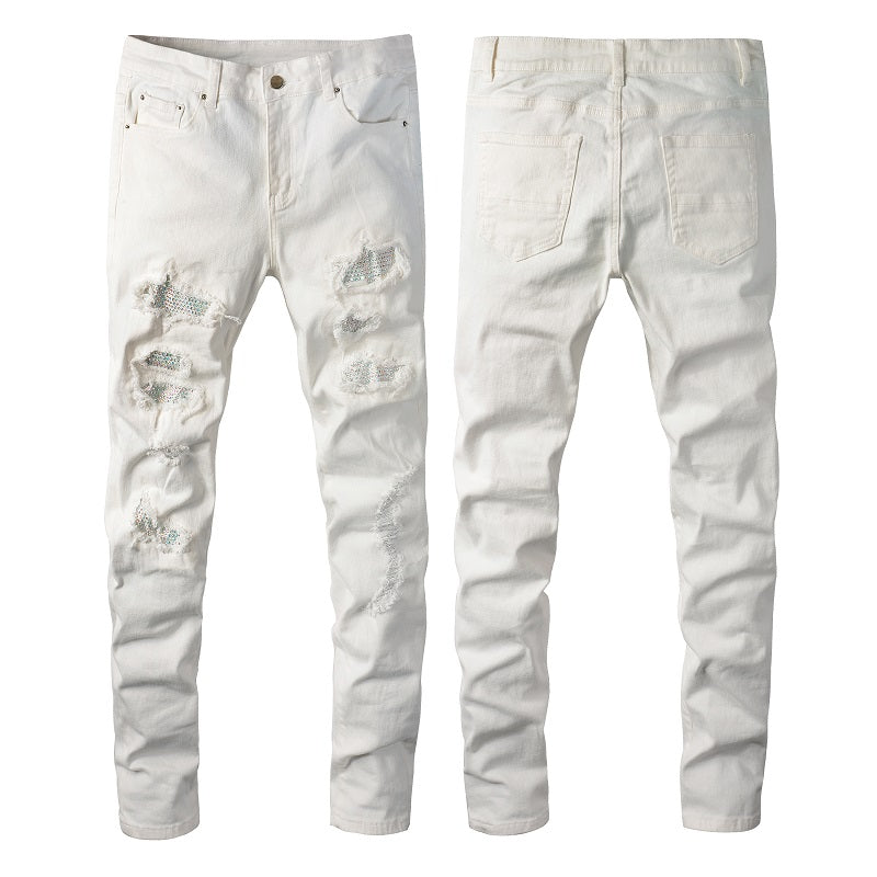 Hot Drill Patch Hole White Slim-fit Pants Male