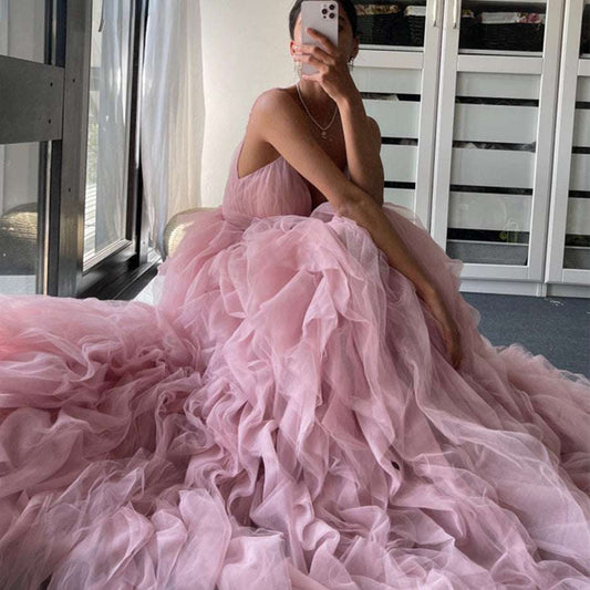 Evening Gown Prom Irregular Spaghetti-strap Mesh Long Dress - globaltradeleader