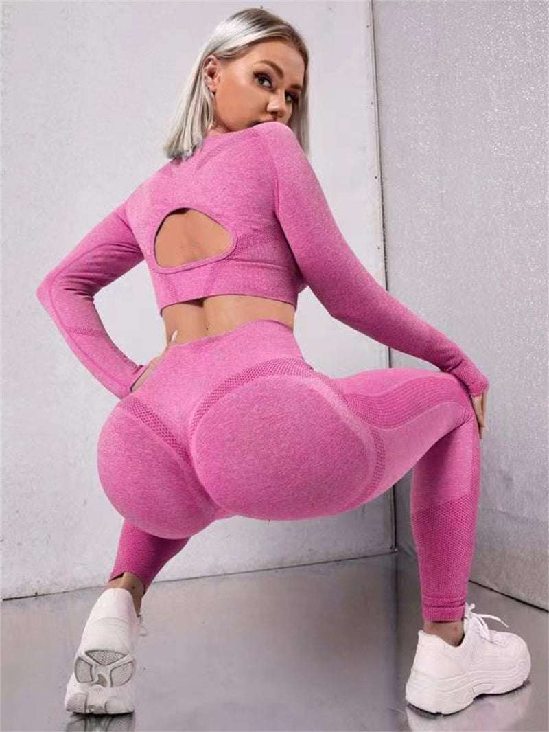 2pcs Sports Suits Long Sleeve Hollow Design Tops And Butt Lifting High Waist Seamless Fitness Leggings Sports Gym Sportswear Outfits Clothing - globaltradeleader