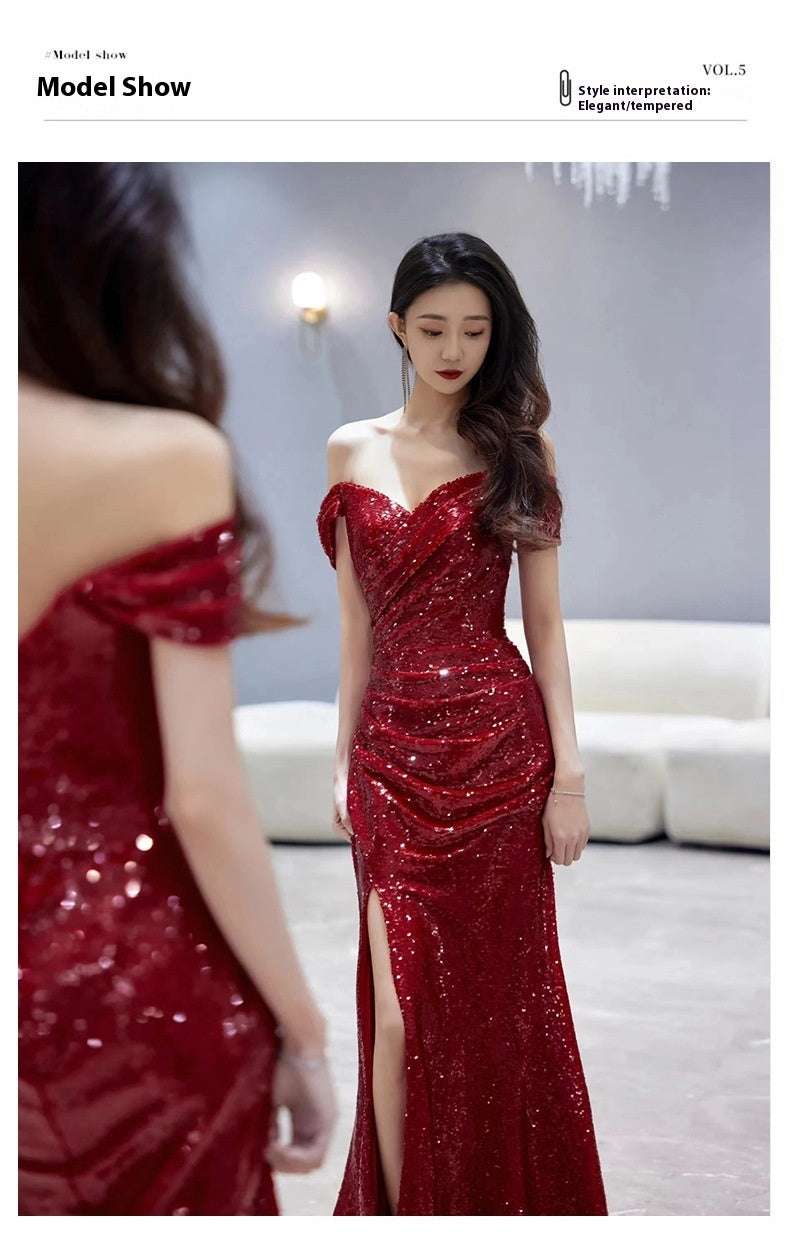 Fishtail Toast Dress Bride Wine Red Split Engagement Dress - globaltradeleader