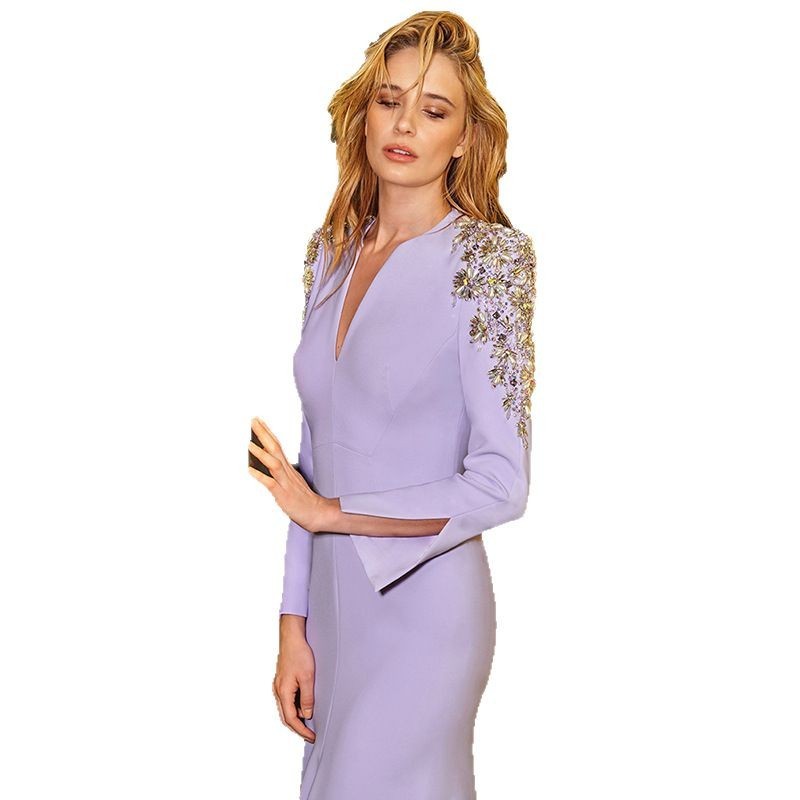 Heavy Industry Beads Diamond Front Slit Small Trailing Dress - globaltradeleader