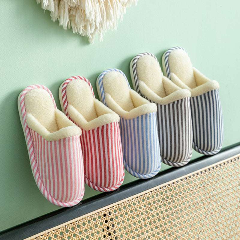 Fashion Striped Printed Slippers For Women Autumn And Winter Warm Non-slip Thick Sole House Shoes Men's Indoor Plush Shoes - globaltradeleader