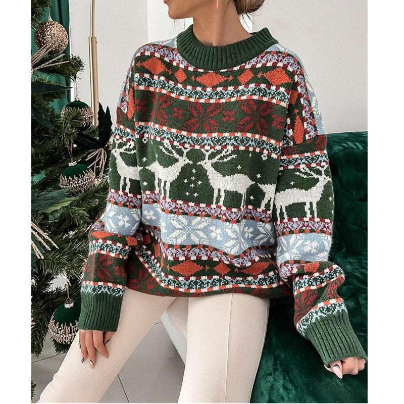 Women's Fashion Round Neck Loose Christmas Theme Jacquard Long Sleeve Sweater - globaltradeleader
