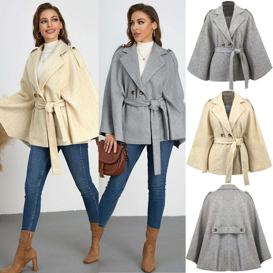Bandage Coat Batwing Sleeve Lapel Woolen Coat - globaltradeleader