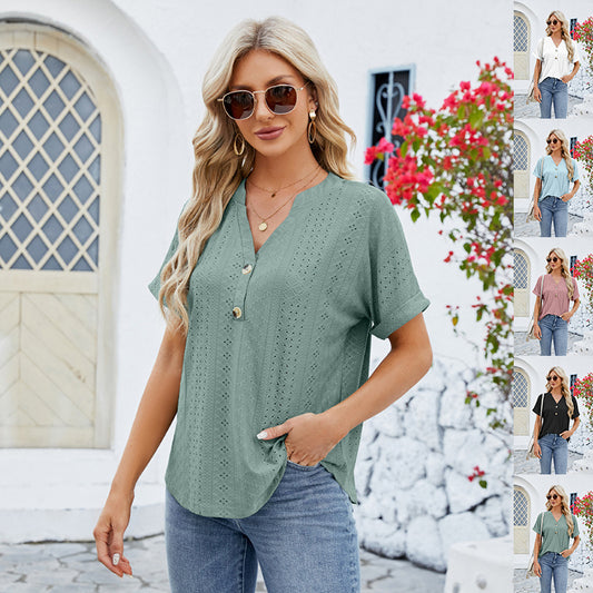 V-neck Rolled Hem Short-sleeved Top Summer Fashion Button Hollow Design Loose Casual T-shirt Womens Clothing - globaltradeleader