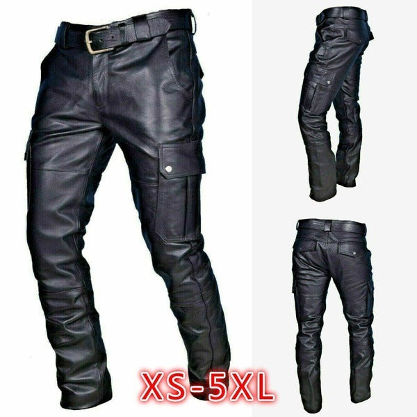 Fashion Solid Color PU Strap Casual Men's Leather Pants - globaltradeleader