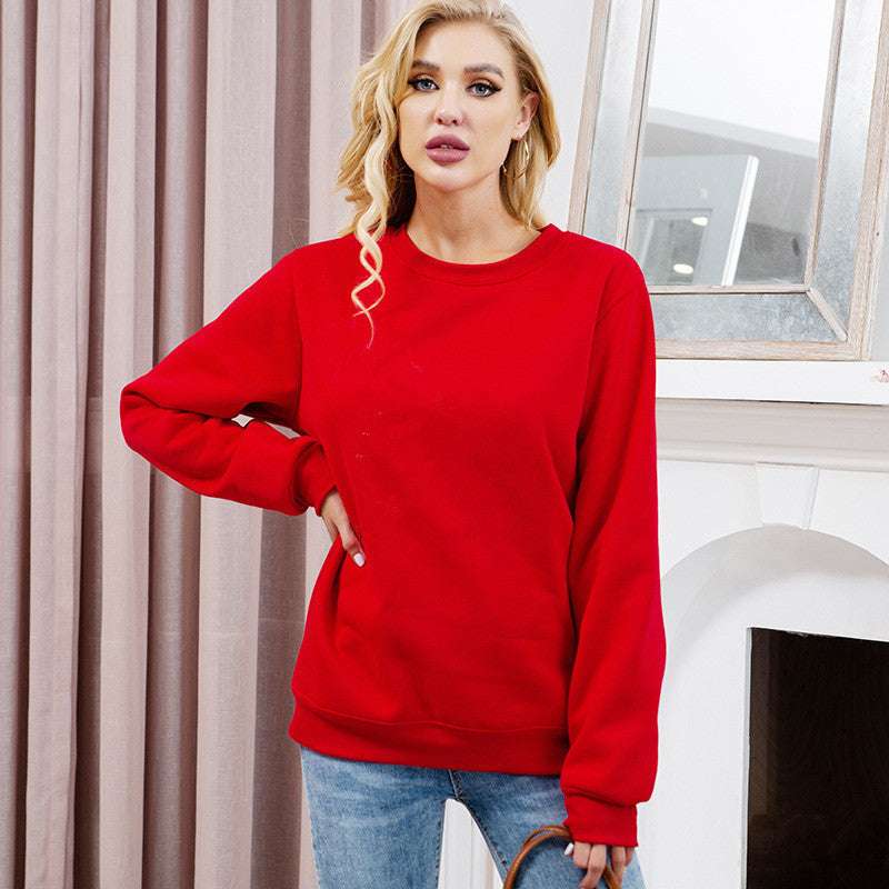 Fleece-lined Thick Round Neck Loose-fitting Solid Color Long Sleeves Sweater - globaltradeleader