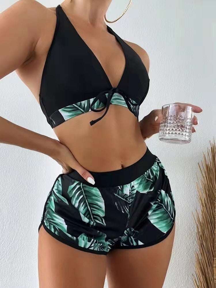 3pcs Leaf Print Bikini With Shorts Fashion Summer Beach Swimsuit Womens Clothing - globaltradeleader