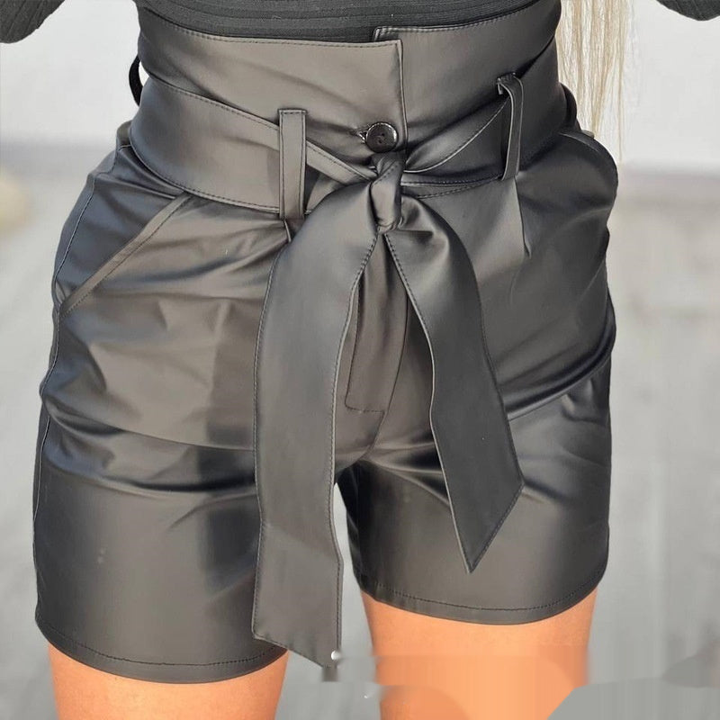 High Waist Black Strap Slim Fit Pu Shorts Belted - globaltradeleader