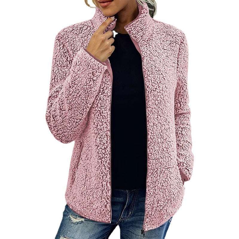 Stand Collar Solid Color Top Sweater Women's Casual Fashion Long Sleeve Zipper Bubble Velvet Coat - globaltradeleader
