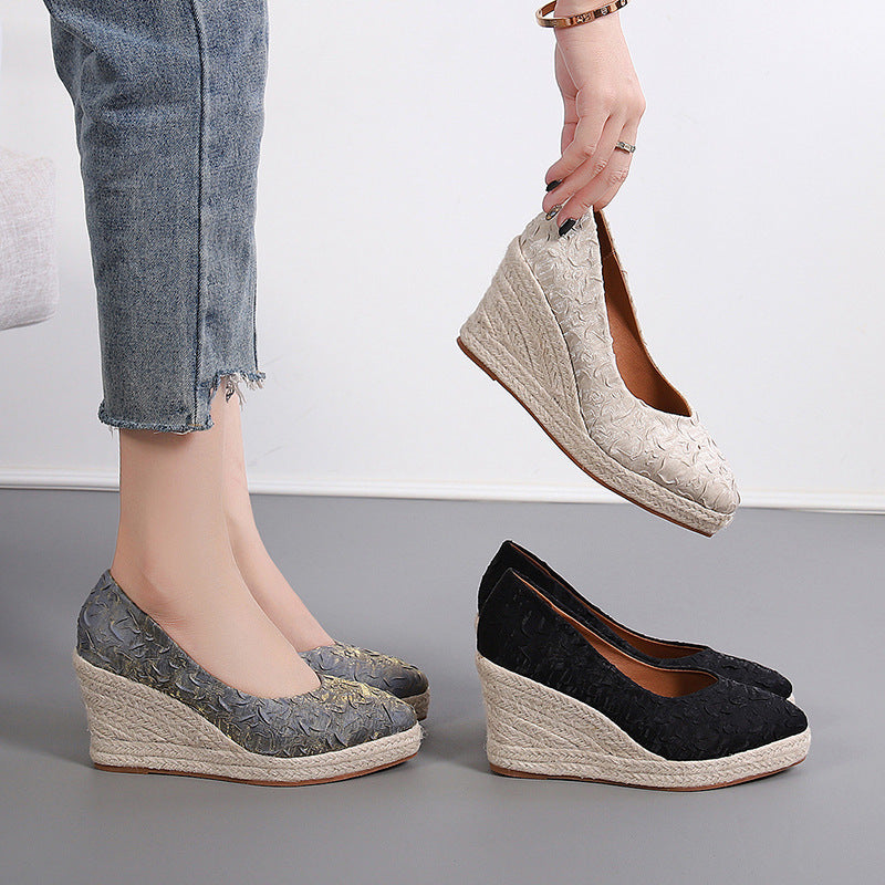 Women's Fashion Pointed-toe Low-cut High Heel Straw Woven Hemp Rope Bottom Shoes - globaltradeleader