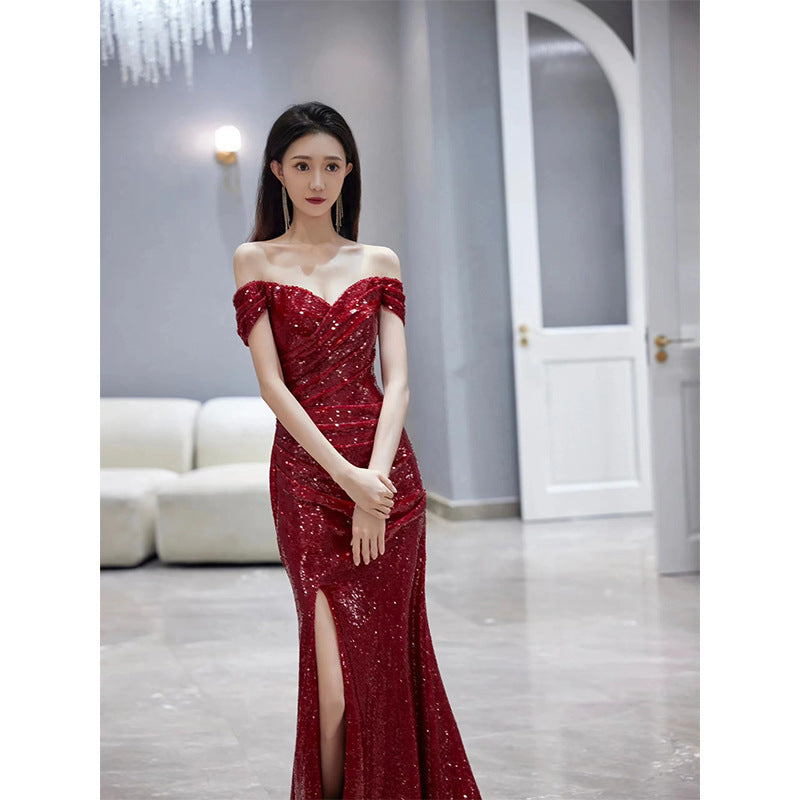 Fishtail Toast Dress Bride Wine Red Split Engagement Dress - globaltradeleader