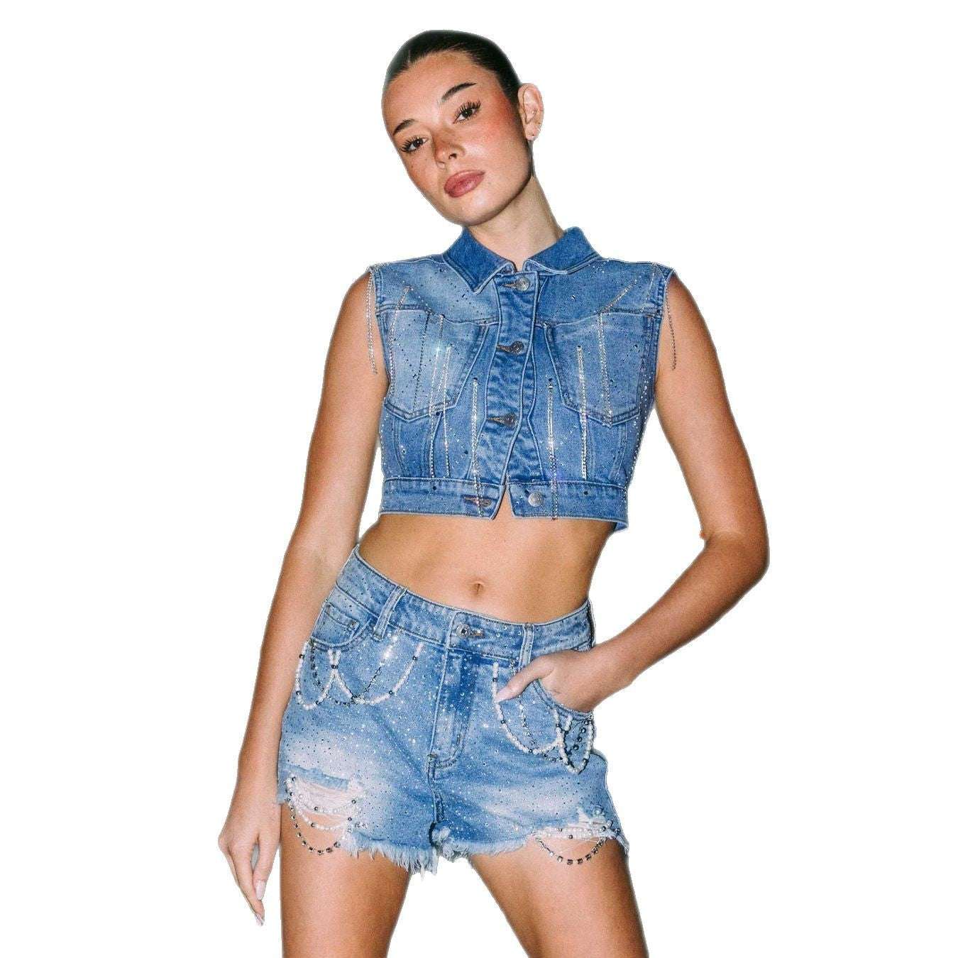 Frayed Lace-up Decorative Low Waist Rhinestone Jeans - globaltradeleader