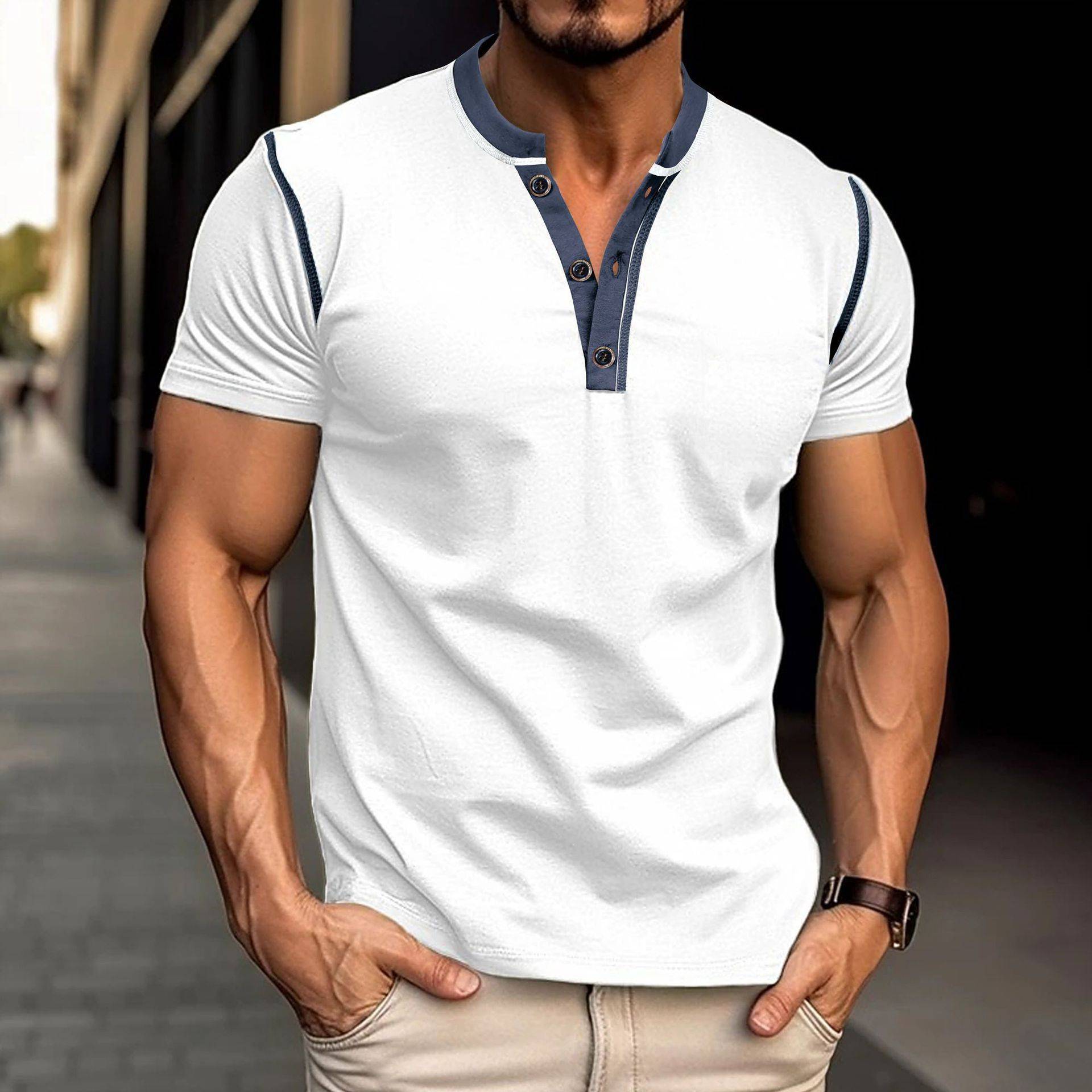 Fashion Short-sleeved Polo Shirt Summer Button V-neck T-shirt Tops Mens Clothing - globaltradeleader