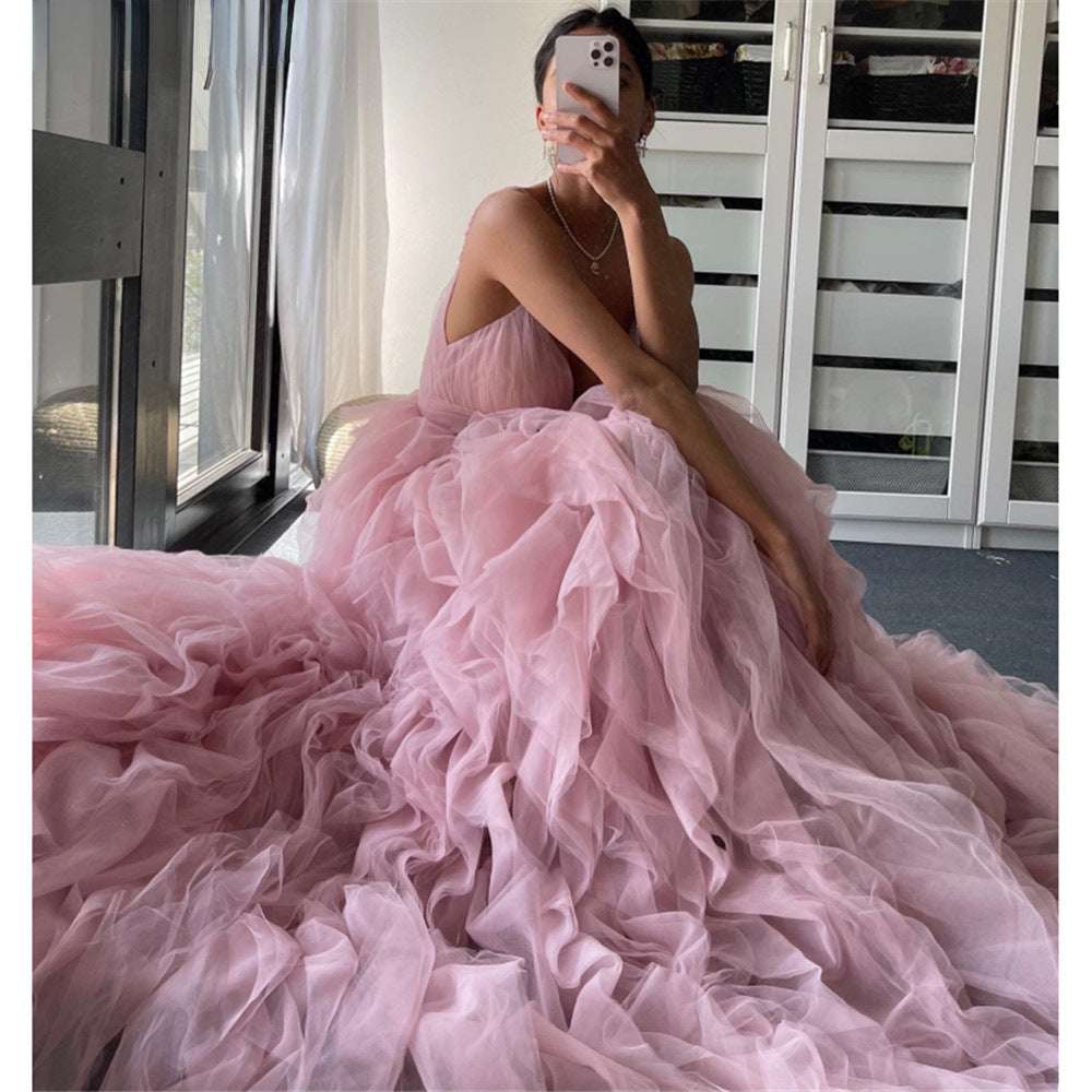 Evening Gown Prom Irregular Spaghetti-strap Mesh Long Dress - globaltradeleader