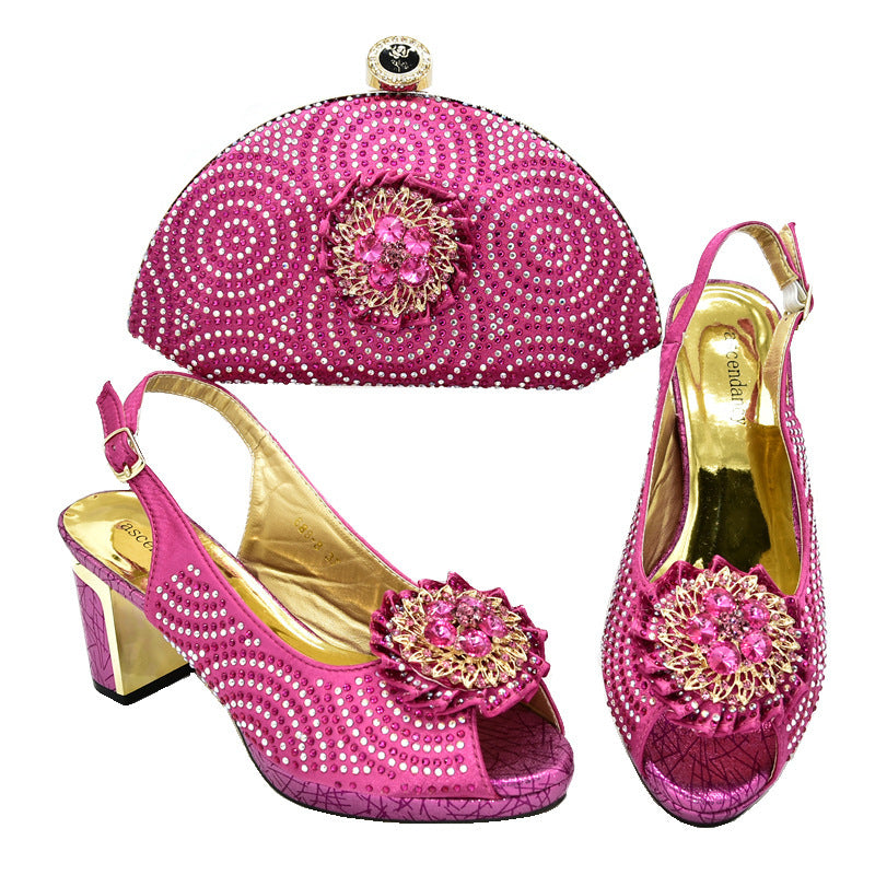 Block Heel Buckle Sandals With Rhinestone Bag - globaltradeleader