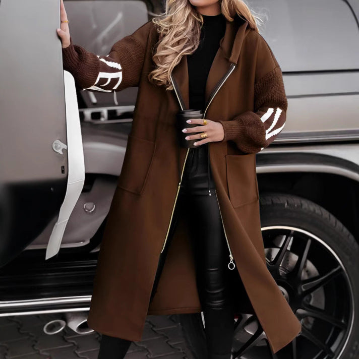 Hooded Windbreaker Long Jacket With Pockets And Drawstring Design Solid Color Knit-Sleeved Trench Coat For Women Clothing Fall Winter - globaltradeleader