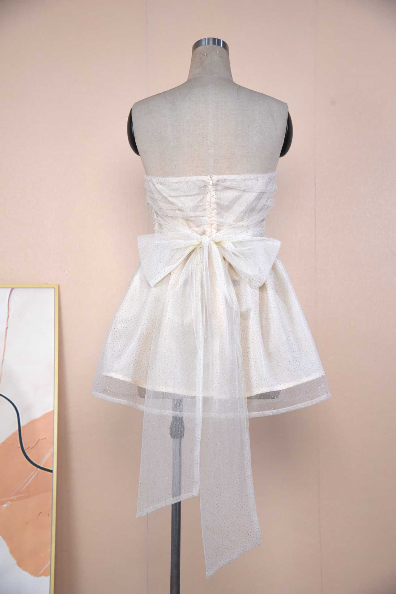 Tube Top Lace Dress With Back Bow-knot Summer Fashion Temperament Mesh Stitching Off-neck Short Skirt - globaltradeleader