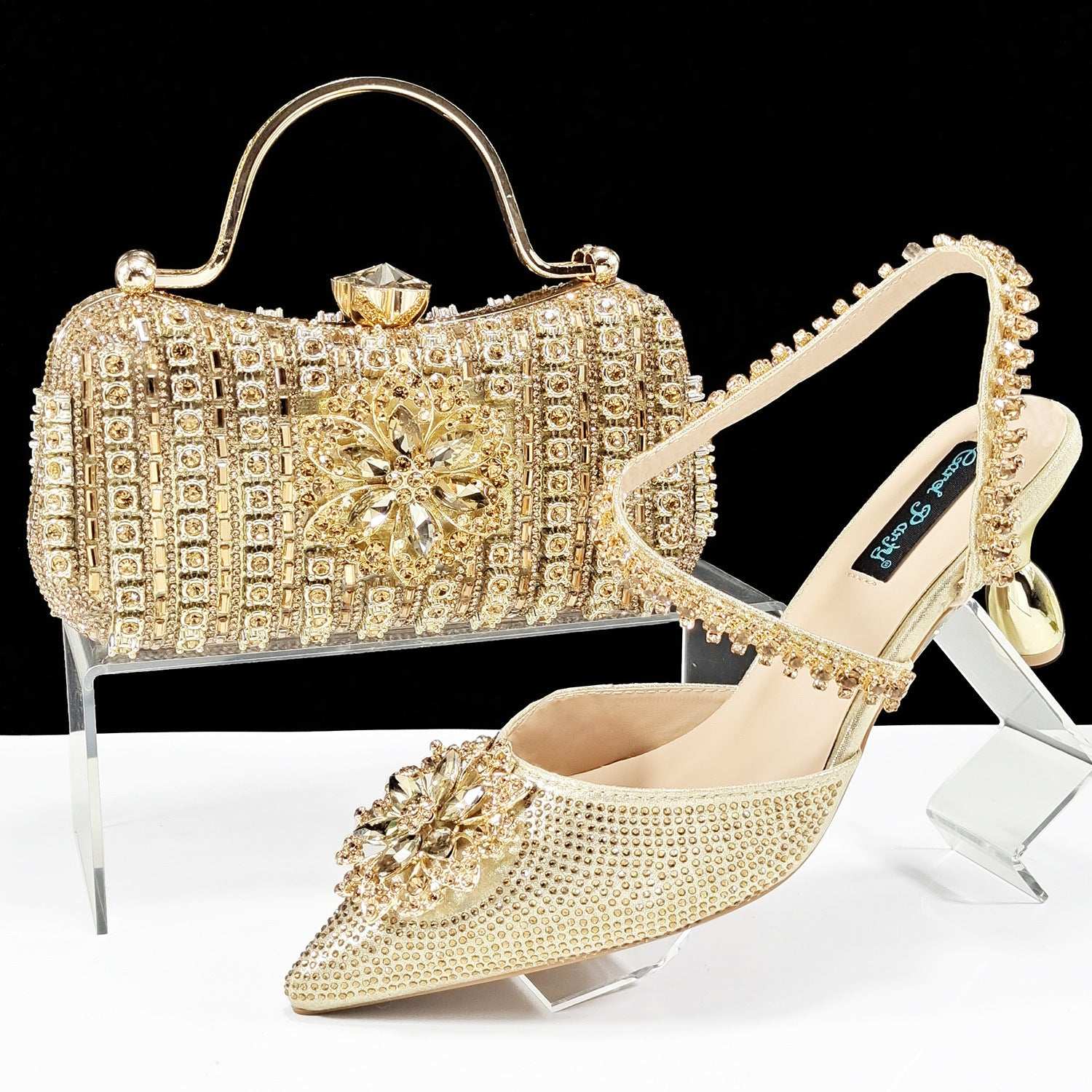Sexy Women's Shoes And Bags Suit Drill Buckle Flower Decorative Ankle Drill Chain With Hard Clutch - globaltradeleader