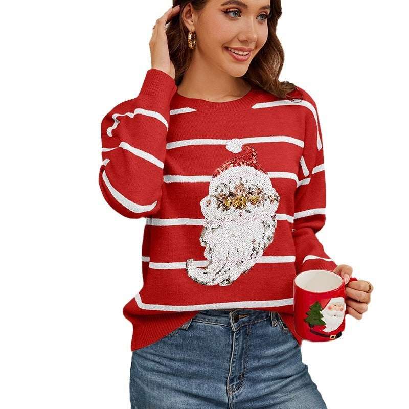 Knitted Loose Sequined Embroidered Santa Claus Sweater - globaltradeleader