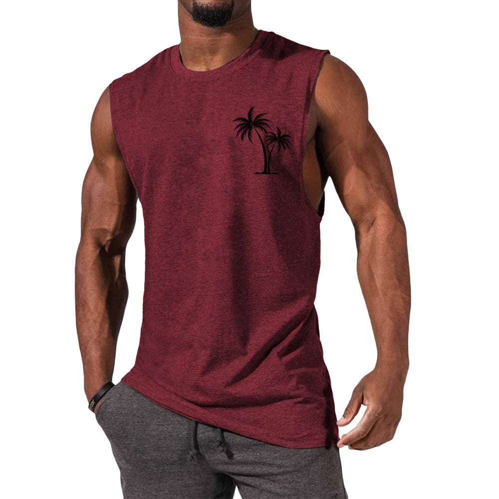 Coconut Tree Embroidery Vest Summer Beach Tank Tops Workout Muscle Men Sports Fitness T-shirt - globaltradeleader