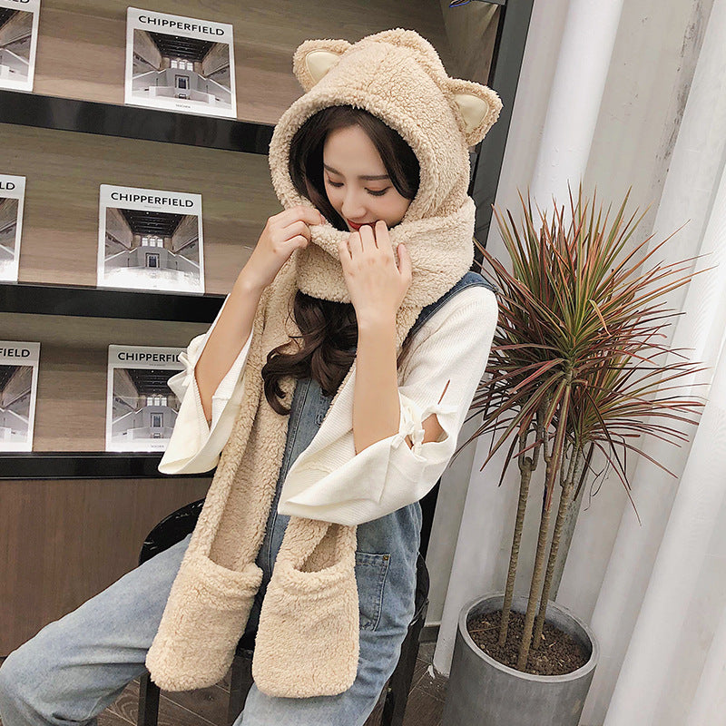 Autumn And Winter Korean Fashion Hat Scarf Gloves Women's Cute Cat Ear Scarf Cap