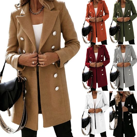 Fashion Turndown Collar Jacket For Women Autumn Winter Long-sleeved Double-breasted Woolen Coat - globaltradeleader