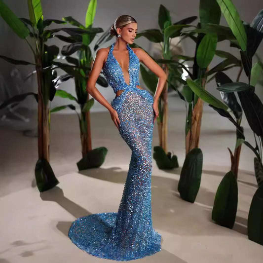 New Halter Deep V-neck Slim Slimming Party Stage Host Hostess Evening Dress - globaltradeleader