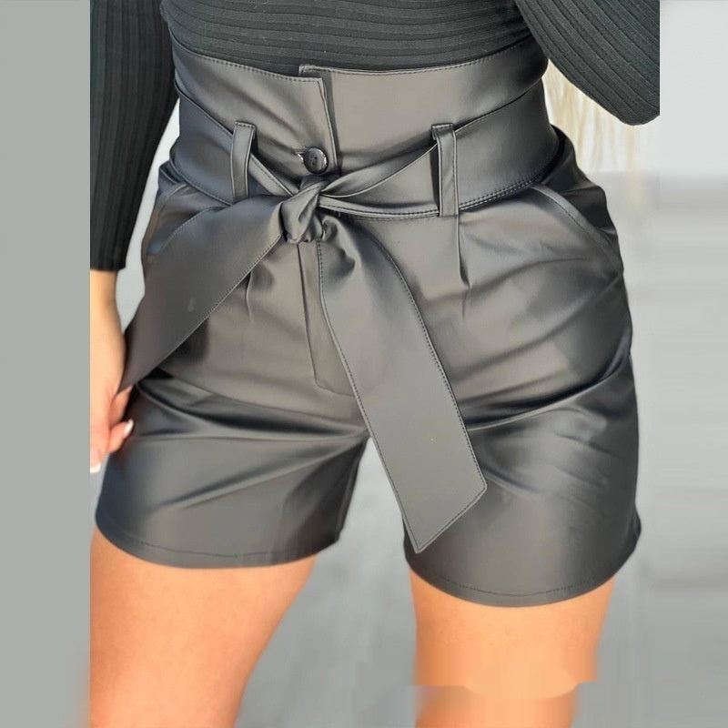 High Waist Black Strap Slim Fit Pu Shorts Belted - globaltradeleader