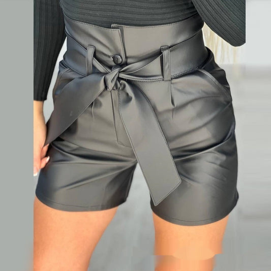 High Waist Black Strap Slim Fit Pu Shorts Belted - globaltradeleader
