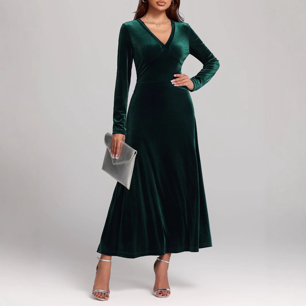 V-neck Long Sleeve Evening Dress Pleuche Dress - globaltradeleader