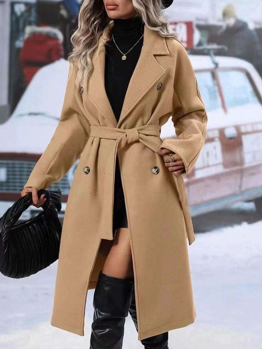 Lapel Double-breasted Trench Coat With Belt Winter Fashion Solid Color Long Jacket Outwear Women Clothing - globaltradeleader