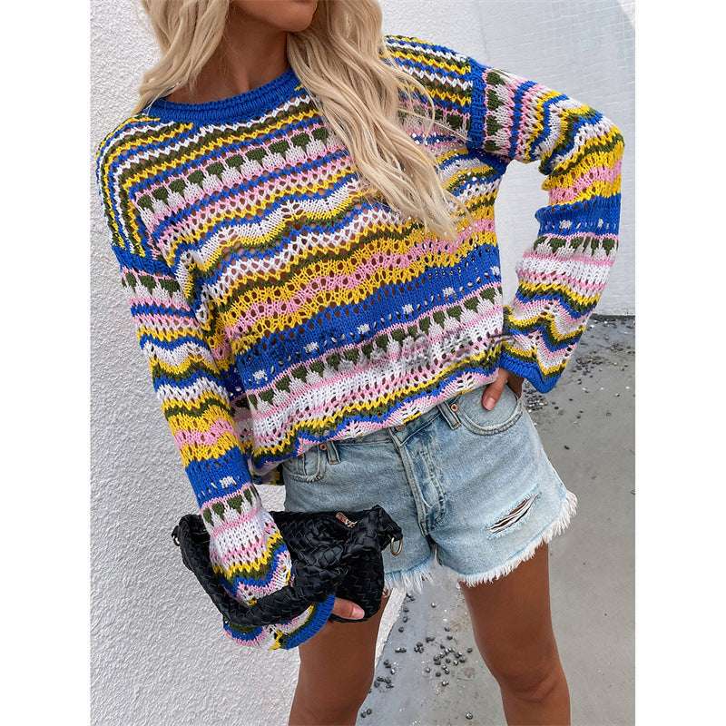 Stitching Sweater Loose Inter-color Rainbow Round Neck Striped Women - globaltradeleader