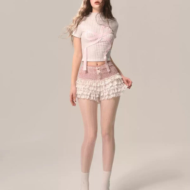 Peach Blossom Bud White French Lace Shorts - globaltradeleader