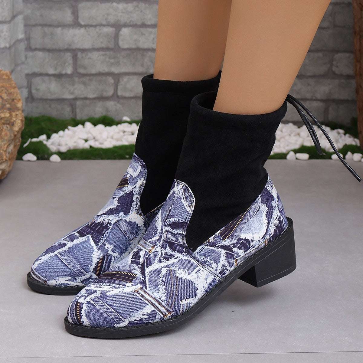 Serpentine Print Sock Boots Women Fashion Square Chunky Heels Cowboy Boots Autumn And Winter Back Lace-up Round Toe Shoes - globaltradeleader
