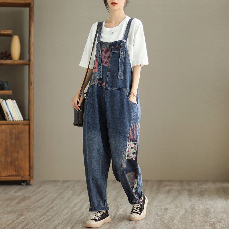 New Real Time Shooting Denim Print Spliced Nine Split Strap Pants For Women