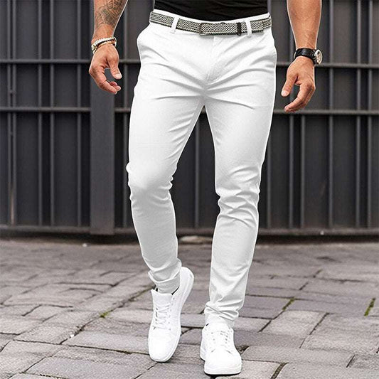 Men's Pure Color Tight Pocket Zipper Business Casual Slim-fitting Trousers - globaltradeleader