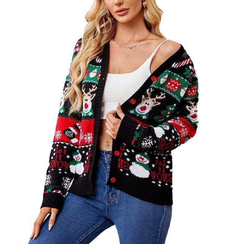 Loose Knitted Cardigan Sweater Coat Women's Casual Long-sleeved Christmas Sweater - globaltradeleader