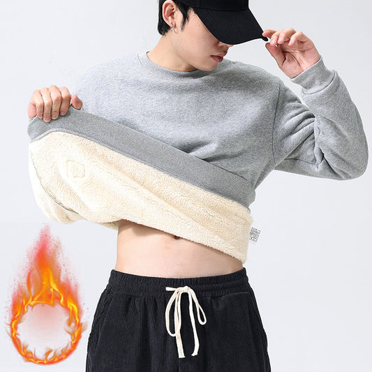 Winter Fleece Sweatshirt Warm Round Neck Pullover Top For Men Solid Color Sweater Boys Teenagers Clothing - globaltradeleader