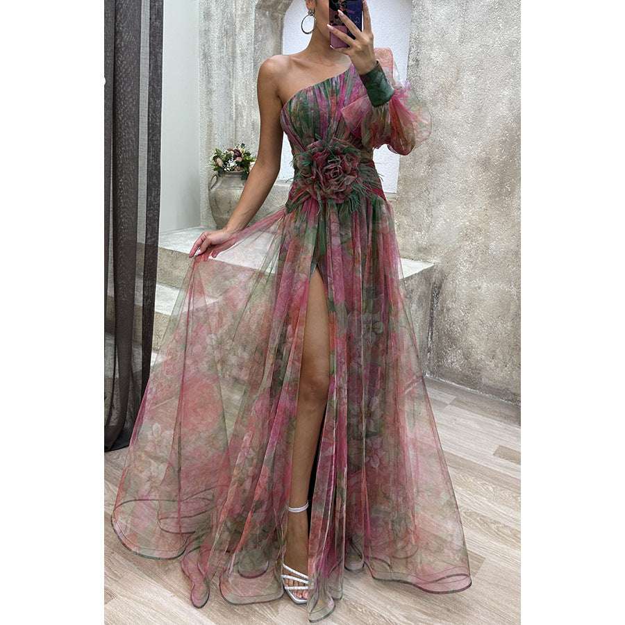 Mesh Tie-dye Printed Off-shoulder Slit Dress Summer INS Fashion Long Dress Party Womens Clothing - globaltradeleader