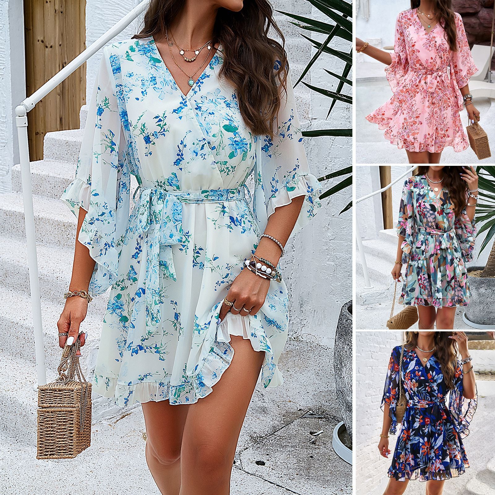 Summer Floral Print Short Sleeves Dress Lace Up Ruffles Design Fashion V-neck Short Dresses Womens Clothing - globaltradeleader